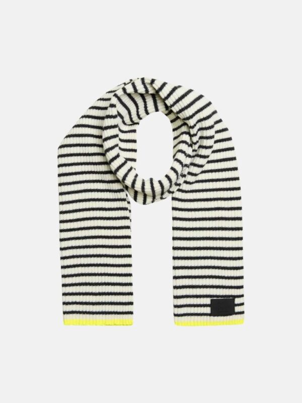 Striped scarf in gray white yellow of wool sustainable by mads Norgaard at Little Copenhagen